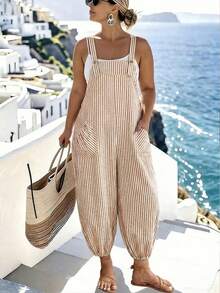 SHEIN LUNE CURVE Plus Size Women's Elegant Striped Pocket Jumpsuit With Drawstring, Suitable For Work And Commute, Spring/Summer - Coffee Brown - View 1