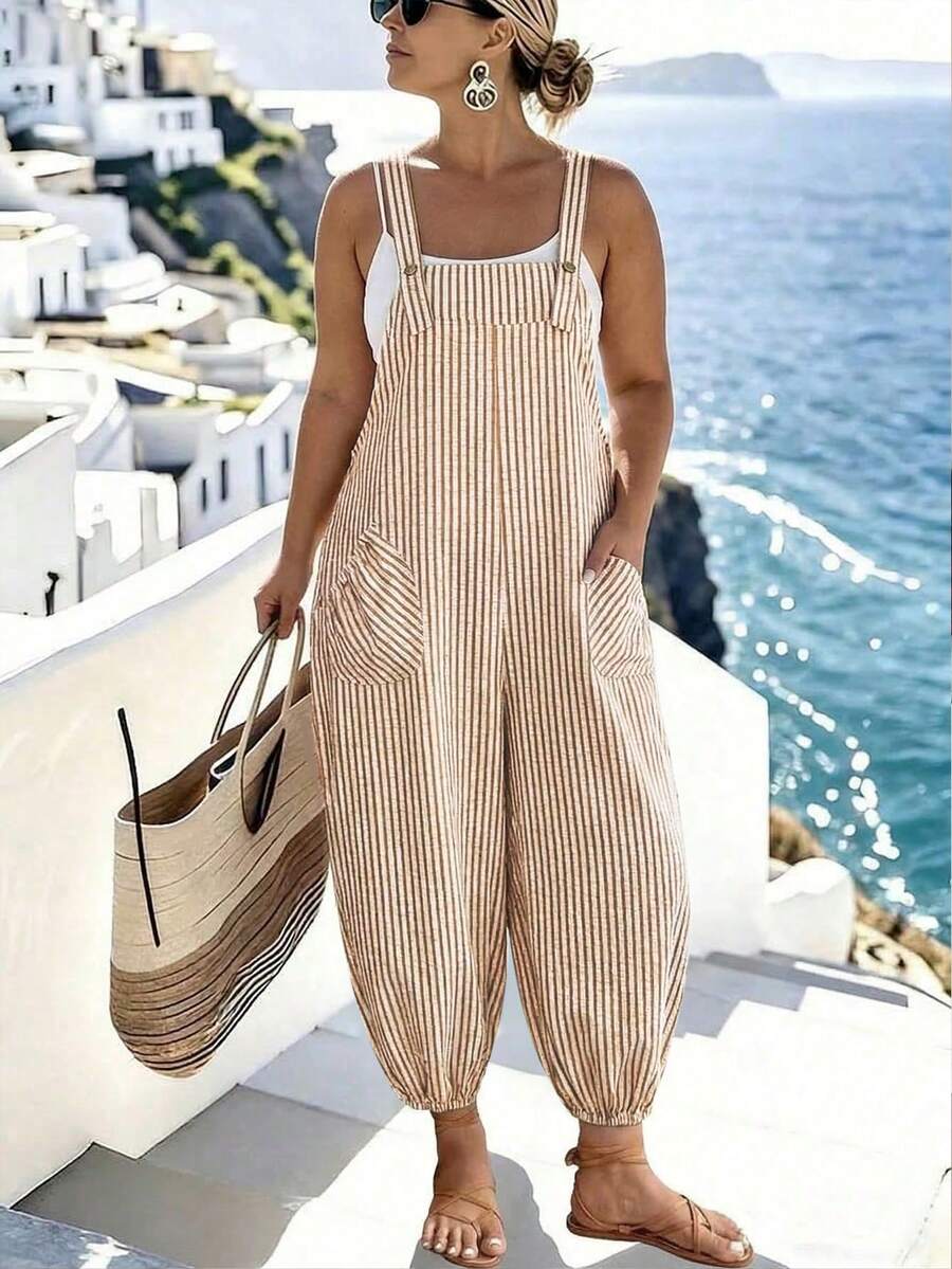 SHEIN LUNE CURVE Plus Size Women's Elegant Striped Pocket Jumpsuit With Drawstring, Suitable For Work And Commute, Spring/Summer - Coffee Brown - View 1