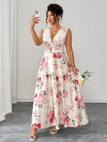 Elenzga Đầm chữ A không tay in hoa thanh lịch dành cho nữ cỡ lớn, thích hợp cho mùa hè. - Màu be - Xem 4