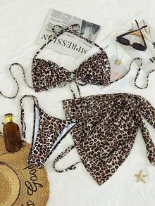 Swim SXY 3pcs/Set New Random Beige Print Halter Bikini Set With Short Skirt, Elegant Sexy Adult Beach Vacation Party Swimwear For Women Summer - Multicolor - View 1