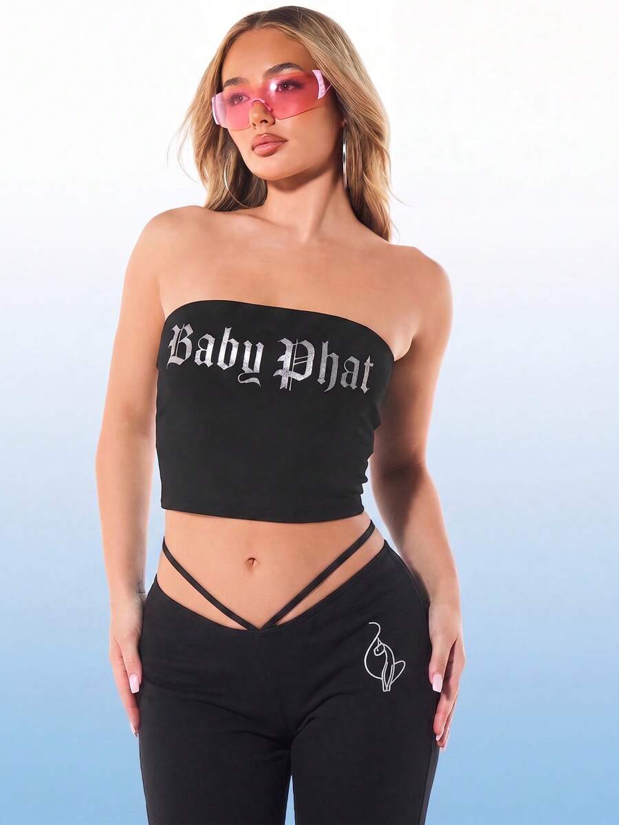 BABYPHAT 黑色哥特印花露脐抹胸无肩带针织衫，适合俱乐部、节日等夏季穿着。 - 黑色 - 查看 1