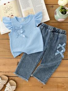 SHEIN 2pcs/Baby Girls Cute Summer Set Light Blue Flutter Sleeve Round-Neck Top & Bow Jeans Family Matching Outing Outfit - Baby Blue - View 1