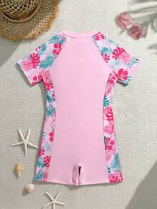 SHEIN Tween Girl One-Piece Shorts Swimsuit,Front Zipper Pink Rash Guard Set With Flower Leaf Pattern,Cute Summer Beach Vacation Holiday Surfing Bathing Suit - Multicolor - View 3