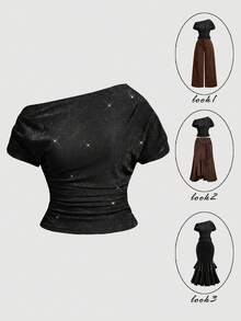 SHEIN MOD Top de punto con hilo metálico para mujer talla grande, top de hombro asimétrico, top de tela brillante para primavera/verano - Negro - Ver 7
