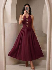 Modelyn Đầm midi dáng chữ A không tay màu đỏ dệt kim dành cho nữ, thích hợp cho mùa xuân/hè, với khóa kim loại ở eo, kiểu dáng thanh lịch và lãng mạn. - Màu Đỏ Sâu - Xem 4