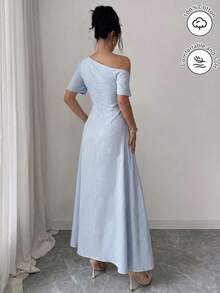 Modelyn Elegant Asymmetric Neck Short Sleeve Baby Blue Cotton Fitted Flared Dress, Fashionable For Summer Tea Party - Baby Blue - View 3