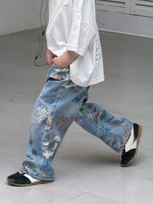 Dazy Kids Floral Pattern Pocket Casual Versatile Daily Wear Jeans For Young Boy - Medium Wash - View 1