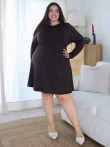 Pretty and Ole 大码女式棕色长袖系腰休闲优雅迷你连衣裙，秋冬款 - 咖啡棕 - 查看 1