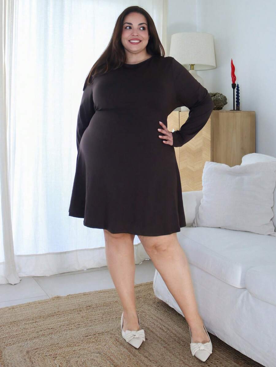 Pretty and Ole 大码女式棕色长袖系腰休闲优雅迷你连衣裙,秋冬款 - 咖啡棕 - 查看 1