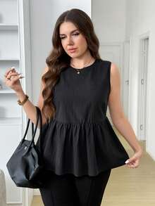 SHEIN LUNE Plus Size Women Versatile Solid Color Ruffle Hem Blouse Day Black Summer Casual - Black - View 5