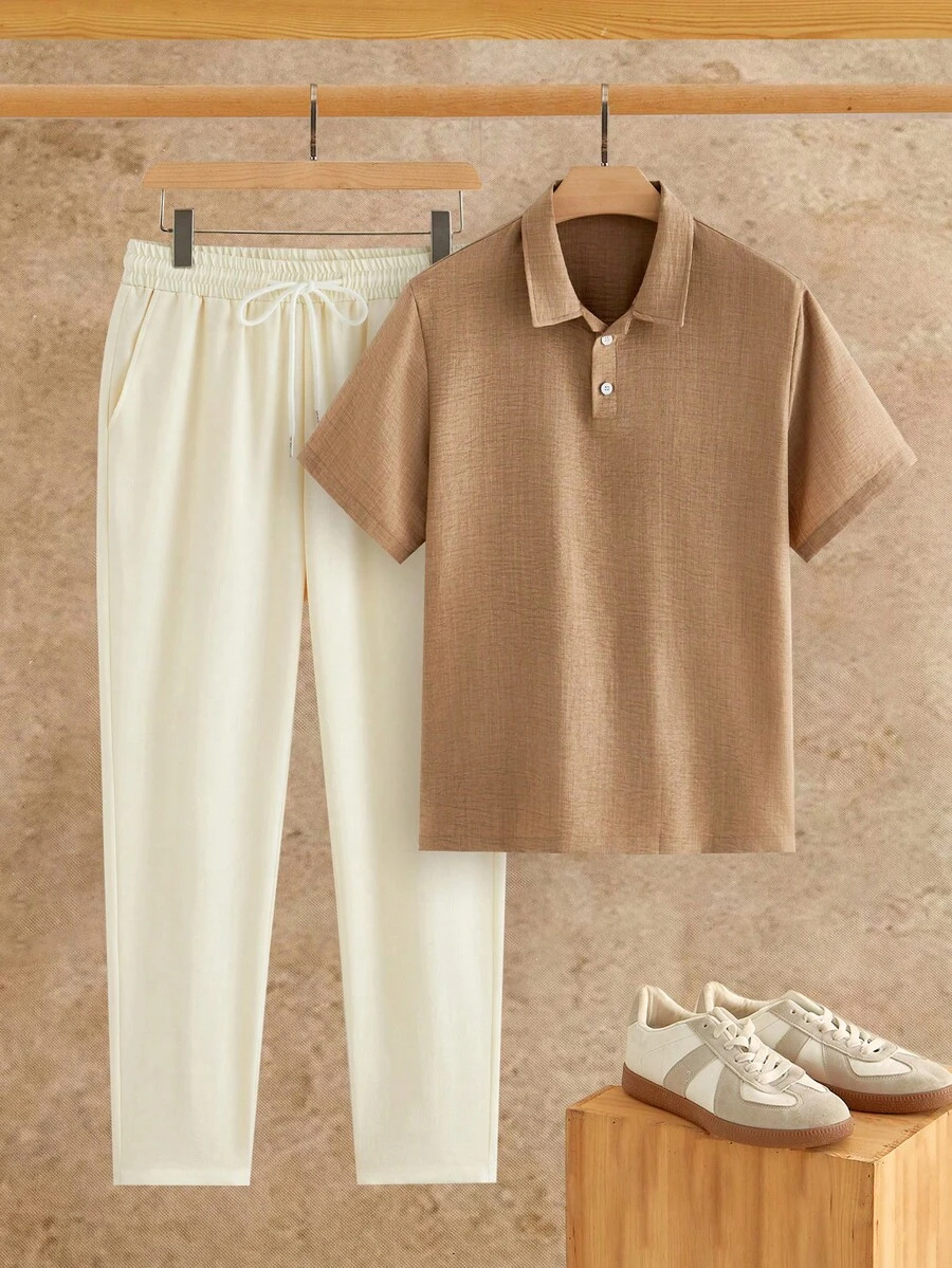 EASEVO Men's Plus Size Short Sleeve Polo Shirt And Long Pants Set - Multicolor - View 1