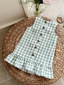 SHEIN Đầm không tay xếp bèo họa tiết kẻ caro dễ thương cho bé gái mặc đi nghỉ hè. - Nhiều màu - Xem 3