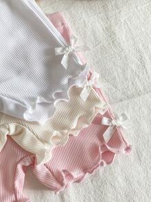 SHEIN Vintaside Kids 3件組女嬰0-3歲可愛夏季度假奶油白粉色灰色羅紋針織短褲套裝 柔軟彈性休閒運動貼身短褲 適合居家與戶外 - 彩色 - 查看 5