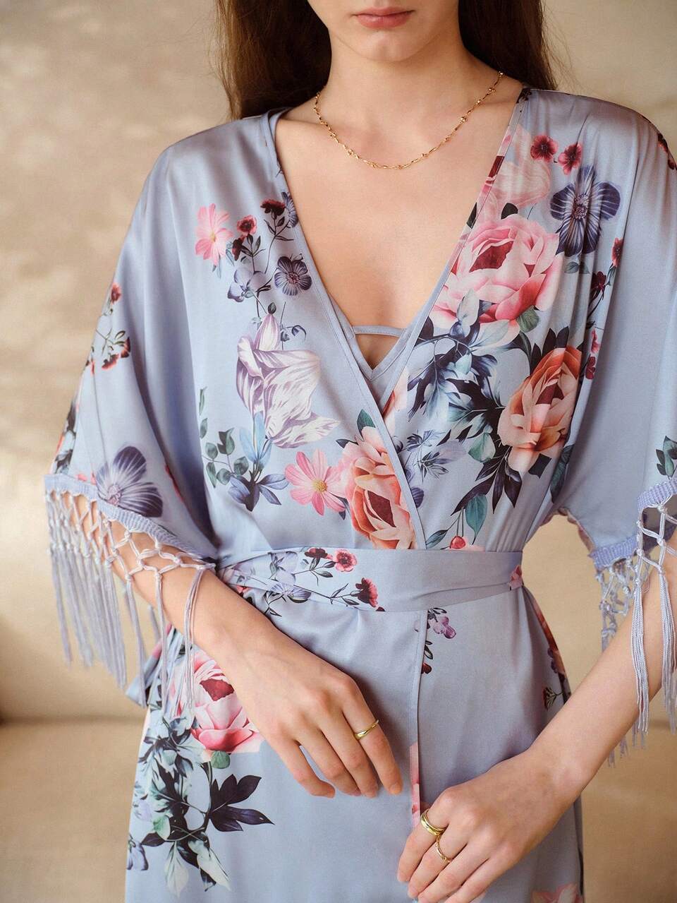 WOMEN'S SATIN PRINTED FRINGE VACATION ROBE, SPRING/SUMMER