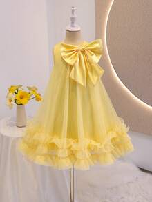 Young Girl Solid Color Bow Decor Mesh Patchwork Sleeveless Dress - Yellow - View 5