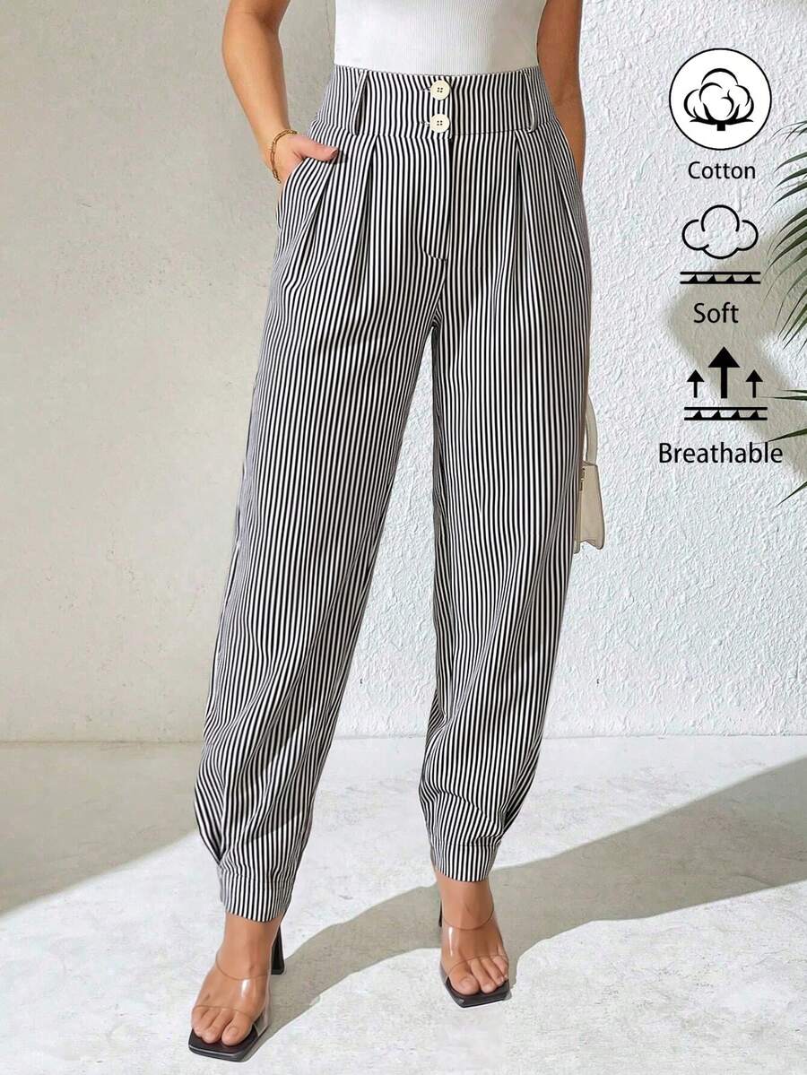 Xyvia Pantalones rectos de cintura alta con pliegues, de estilo elegante y casual, a rayas blancas y negras con doble hebilla, para mujer, primavera/verano - Blanco y Negro - Ver 1