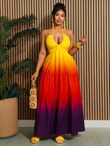 Villa Velisse Plus Size Women Elegant Brown Summer Satin Beach Vacation Holiday V-Neck Backless Big Bow Ombre Maxi Dress 3D Gradient Waist Cinched Ruffle Hem Design - Multicolor - View 5