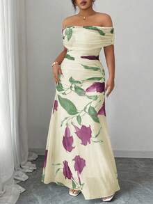 Modelyn Vestido formal con hombros descubiertos, volantes y estampado de malla para mujer de talla grande - Albaricoque - Ver 6