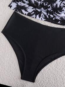 Swim Lushoire 女款 2 件式豹紋肩帶比基尼套裝，金色裝飾低腰性感泳褲，成人沙灘裝 - 彩色 - 查看 4