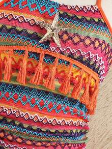 SHEIN Đầm dệt kim jacquard kiểu vintage thường ngày cho bé gái, họa tiết sao biển, cổ buộc dây tua rua, thích hợp cho mùa thu, xuân, hè, đi biển, đi làm, hoạt động ngoài trời, thể thao, trường học, dạo phố, tiệc bãi biển, chụp ảnh. - trái cam - Xem 4