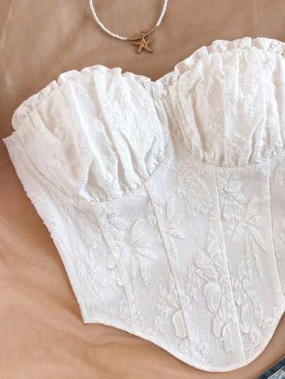 SHEIN Tall CURVE Plus Size Women's Vacation White Sexy Pleated Texture Bandeau Crop Top, Ruffle Hem, Fitted Cut, Suitable For Party, Date, Valentine's Day, Afternoon Tea, Beach Cruise, Easter, Carnival, Chinese New Year, City Vacation, Suitable For Summer, Daily Commute, Dating, Party, Christmas, New Year, Thanksgiving, Party, Wedding, Beach, Graduation Ceremony, Fashion, Elegant, Casual, Outing, Dating, Reservation, Commuting, Shiny, Valentine's Day, Elegant, Vacation, Casual, Y2K, Outing, Graduation Ceremony And Other Occasions.White Top