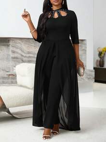 Villa Velisse Plus Size Asymmetrical Hem Cape Embroidered Beaded Short Sleeve Jumpsuit - Black - View 4