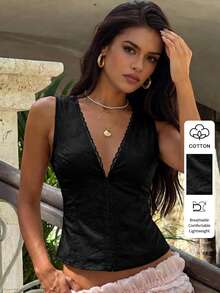 Lucivie Áo vest nữ dáng ôm, màu trắng, thêu ren, cổ chữ V, không tay, kiểu dáng retro dễ thương, thích hợp cho mùa hè, phong cách bohemian. - màu đen - Xem 1