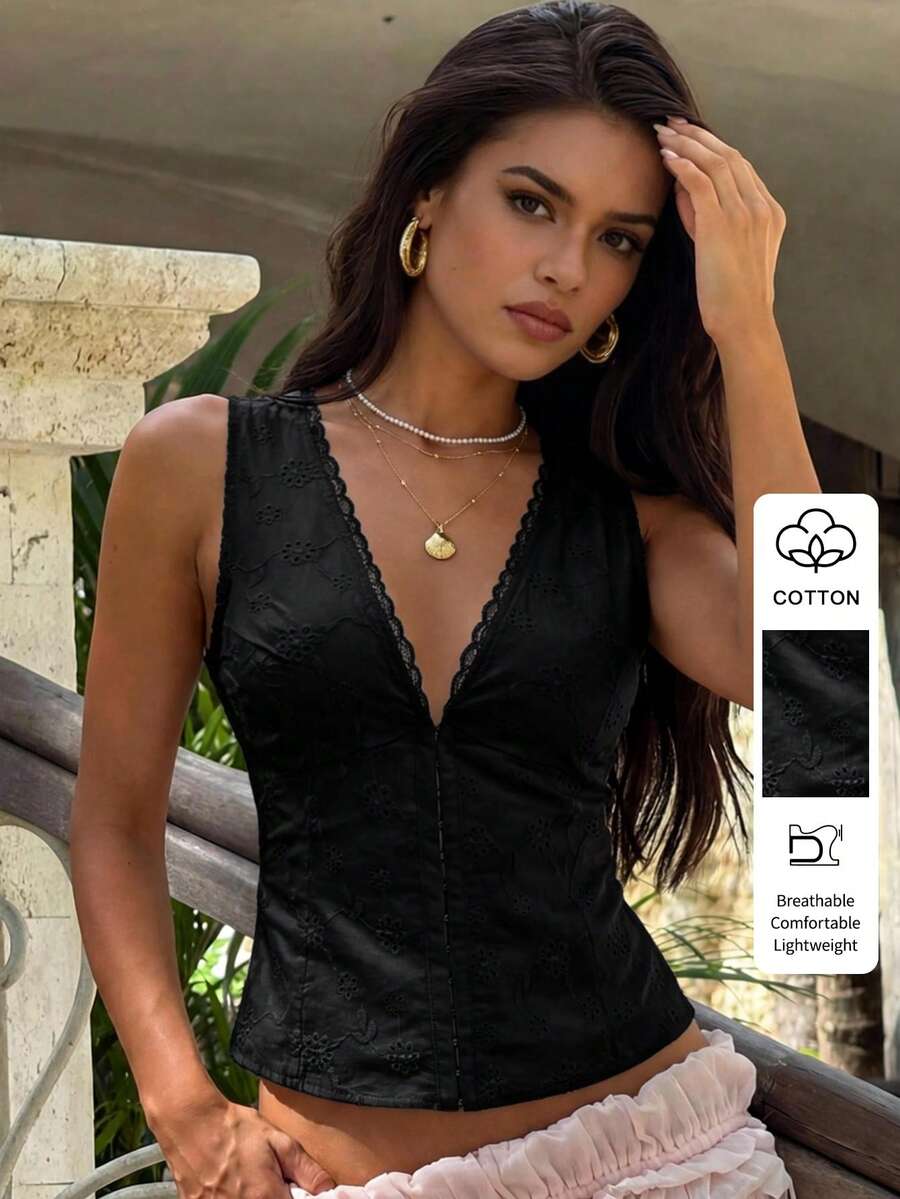 Lucivie Áo vest nữ dáng ôm, màu trắng, thêu ren, cổ chữ V, không tay, kiểu dáng retro dễ thương, thích hợp cho mùa hè, phong cách bohemian. - màu đen - Xem 1