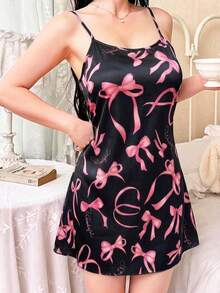 SHEIN 粉色蝴蝶结印花缎面吊带睡裙 - 黑色 - 查看 4