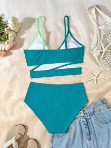 SHEIN Bộ bikini dành cho thiếu nữ, màu xanh bạc hà, chất liệu vải dệt kim phối nhiều mảnh, thiết kế chéo phía trước, gồm quần short và áo hai dây, kiểu dáng thời trang, thanh lịch, thích hợp cho bơi lội, kỳ nghỉ hè, bãi biển và hồ bơi. - Màu xanh lá cây đậm - Xem 2