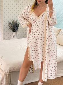 CottageSlumber Plus Size Women's Romantic Ditsy Floral Lace Patchwork Camisole & Robe 2-Piece Sleepwear Set - Apricot - View 11