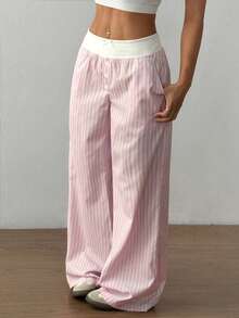 SHEIN Unity Women's Striped Contrast Color Patchwork Pants Fall Cloth For Women - Pink - View 7