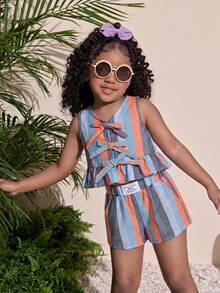 Young Girls' Rainbow Squishy Camisole 2 Pieces Set,Summer,Matching,Family Vacation,Holiday,Casual Fashionable Versatile For Party,Photoshoot,Camping - Multicolor - View 5