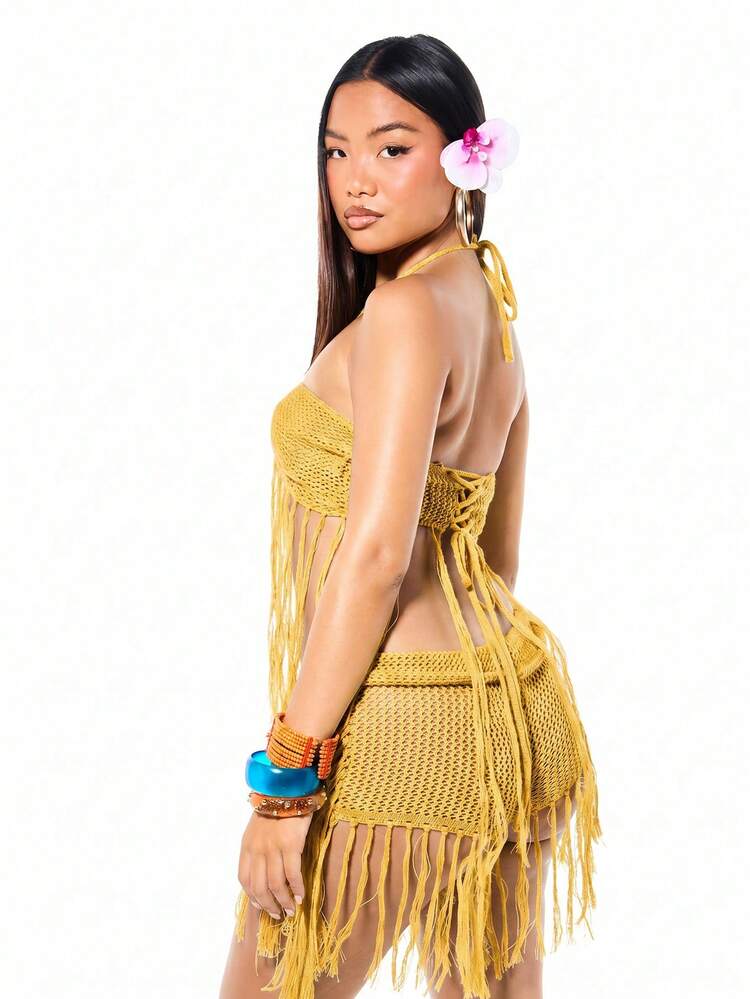 SUMWON WOMEN Sequin Crochet Fringe Bralette Top With Tassel Details Festival Boho Beachwear Summer Vacation Halter Bandeau