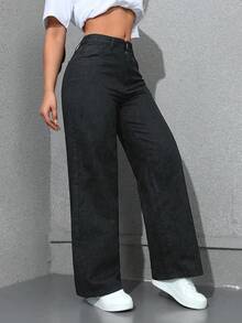 Jeanoix 大码女式黑色无弹修身直筒牛仔裤，春季穿搭 - 深灰色 - 查看 6