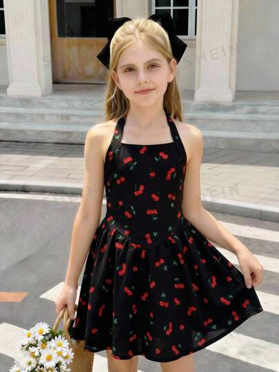 SHEIN Tween Girls' Casual Ballet Halter Low Waist Bubble Skirt Dress