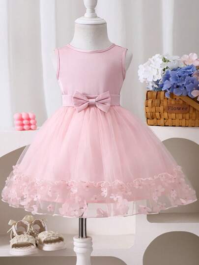 Glamorique Kids Baby Girls Spring/Summer New Solid Satin Contrast Mesh 3D Floral Embroidery Elegant Party Dress