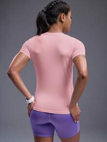 Powerista Solid Color Asymmetric Hem Round Neck Summer Short Sleeve Sports T-Shirt - Pink - View 3