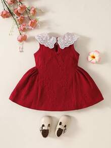 SHEIN Elladie kids 女婴甜美公主蕾丝边无袖连衣裙，粉色，夏季 - 紅色 - 查看 2