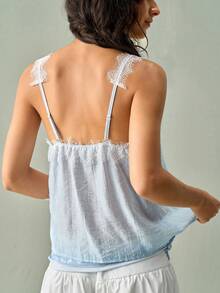 SoleilVie Áo hai dây nữ thanh lịch phối ren patchwork vải xuyên thấu vân nổi, phù hợp cho đi nghỉ mát, brunch bãi biển, trang phục lễ hội màu xanh nhạt và trắng mùa hè - Màu xanh lam - Xem 2