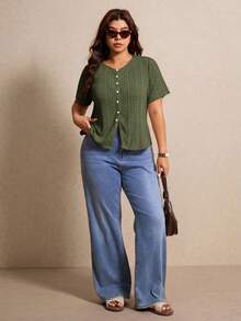 Elaquor Plus Size Women's Solid Color Single-Breasted Casual Versatile Daily Wear Short Sleeve T-Shirt - Army Green - View 2
