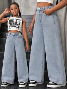 Quần jeans ống rộng dáng rộng, chất liệu denim mài, thích hợp cho bé gái tuổi teen. - Màu xanh lam - Xem 1