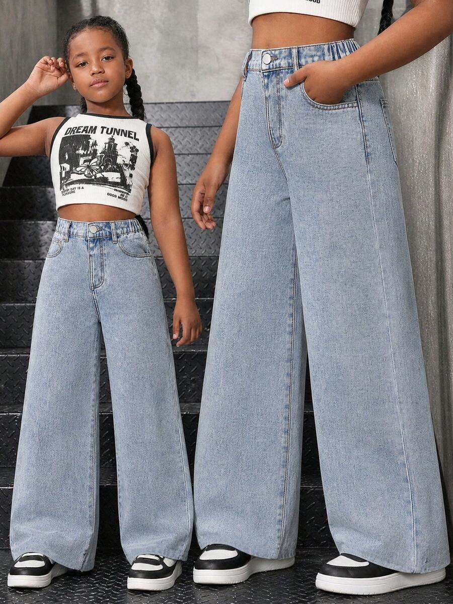 Quần jeans ống rộng dáng rộng, chất liệu denim mài, thích hợp cho bé gái tuổi teen. - Màu xanh lam - Xem 1