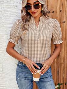 Breezaya Áo sơ mi ngắn tay cổ chữ V tay cánh hoa kẻ sọc phong cách thường ngày cho kỳ nghỉ - Cà phê nâu - Xem 7
