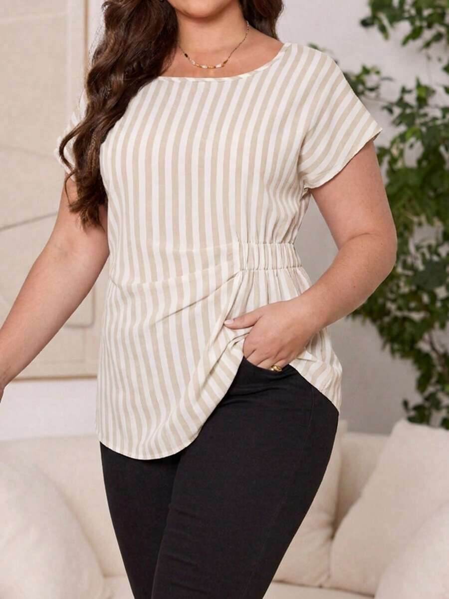 Reflora Camisa de manga corta de cuello redondo con estampado de rayas en color albaricoque, elegante y casual, para mujer de talla grande, para verano - Blanco - Ver 1