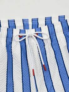 Manfinity KASUA Men's Summer Vacation Striped Textured Drawstring Waist Beach Shorts, Holiday - Blue and White - View 5