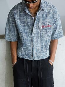 STEELVANCE Áo sơ mi nam tay ngắn chất liệu denim xanh thêu họa tiết jacquard phong cách đường phố thường ngày. - Rửa nhẹ - Xem 4
