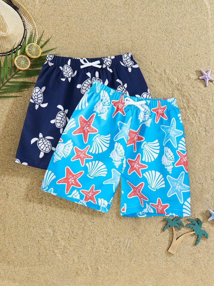 SHEIN Teen Boy 2pcs/Set Teen Boys' Turtle And Seashell Patterns Loose Swimming Trunks, Navy Blue, Summer, Vacation, Holiday Beach Casual Woven Shorts For Pool Party - Multicolor - View 1