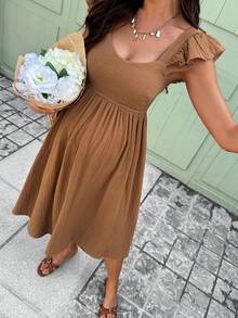 SHEIN 夏季穿搭 孕婦 100%純棉舒適哺乳洋裝 素色抓皺休閒款 適合嬰兒派對 洗禮 出院回家 正式場合 藍色 - 橘色 - 查看 4