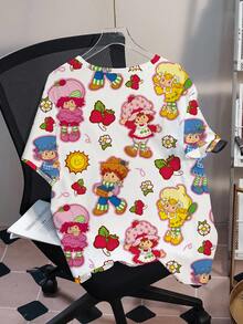 Strawberry Shortcake X SHEIN Plus Size Cartoon Character & Strawberry Print Casual Round Neck Short Sleeve T-Shirt - White - View 2